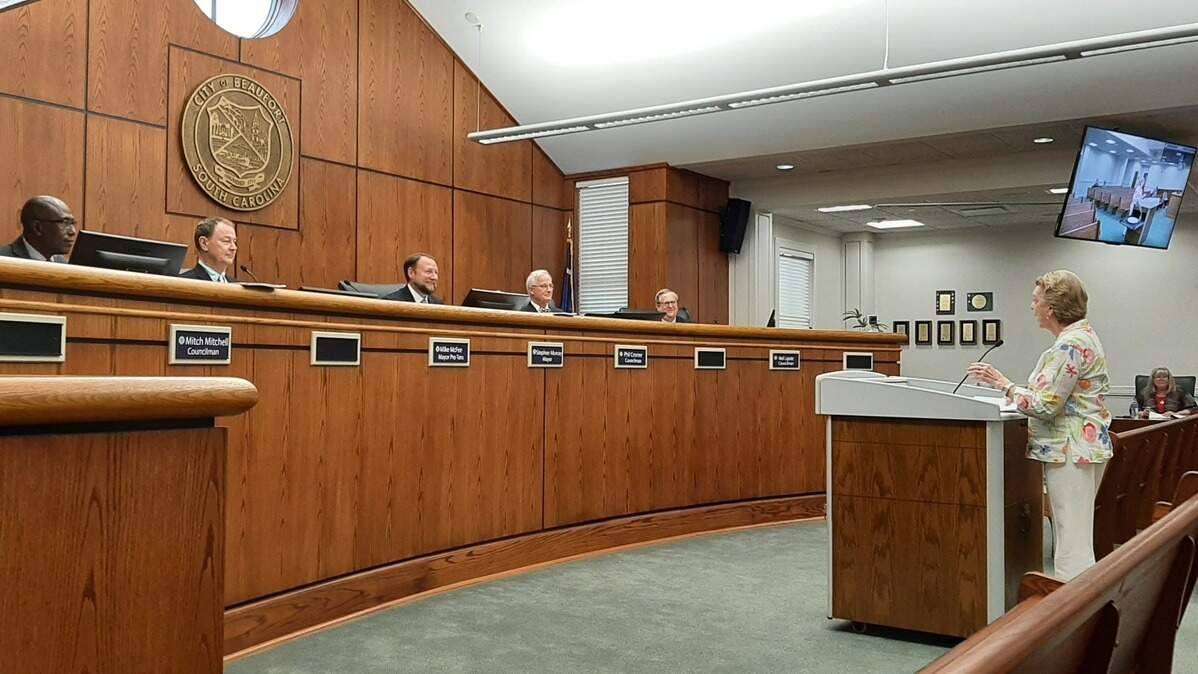 Beaufort City Council members listen to public comment at a regular meeting.