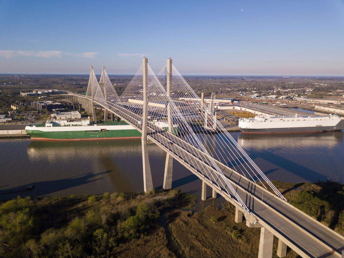 An aerial view shows the Talmadge Memorial Bridge, a suspension bridge over the Savannah River in Georgia.