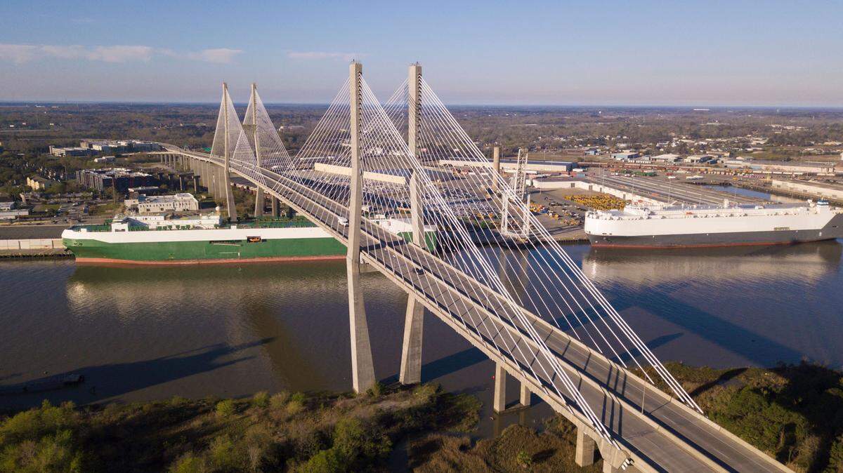 An aerial view shows the Talmadge Memorial Bridge, a suspension bridge over the Savannah River in Georgia.