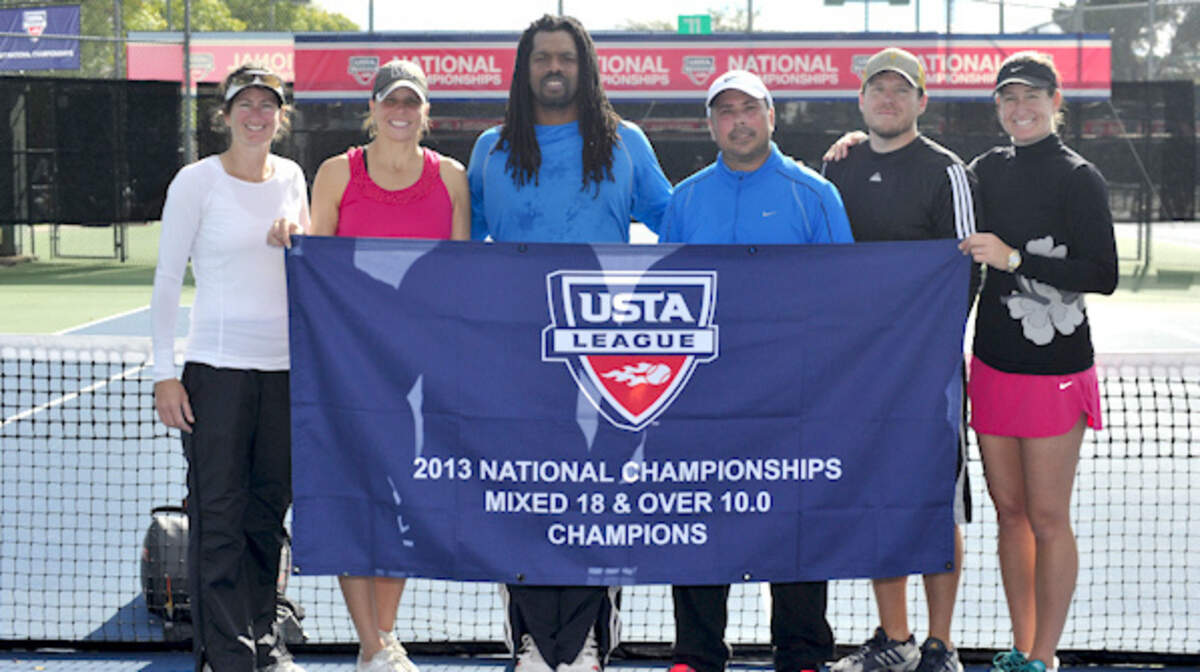 (Left to right) Katrina Barnes, Tammy Zawacki, Brian Burke, Victor Ventura, George Clonts and Marisa Chapin won a USTA national title in adult over 18 mixed doubles 10.0 recently.