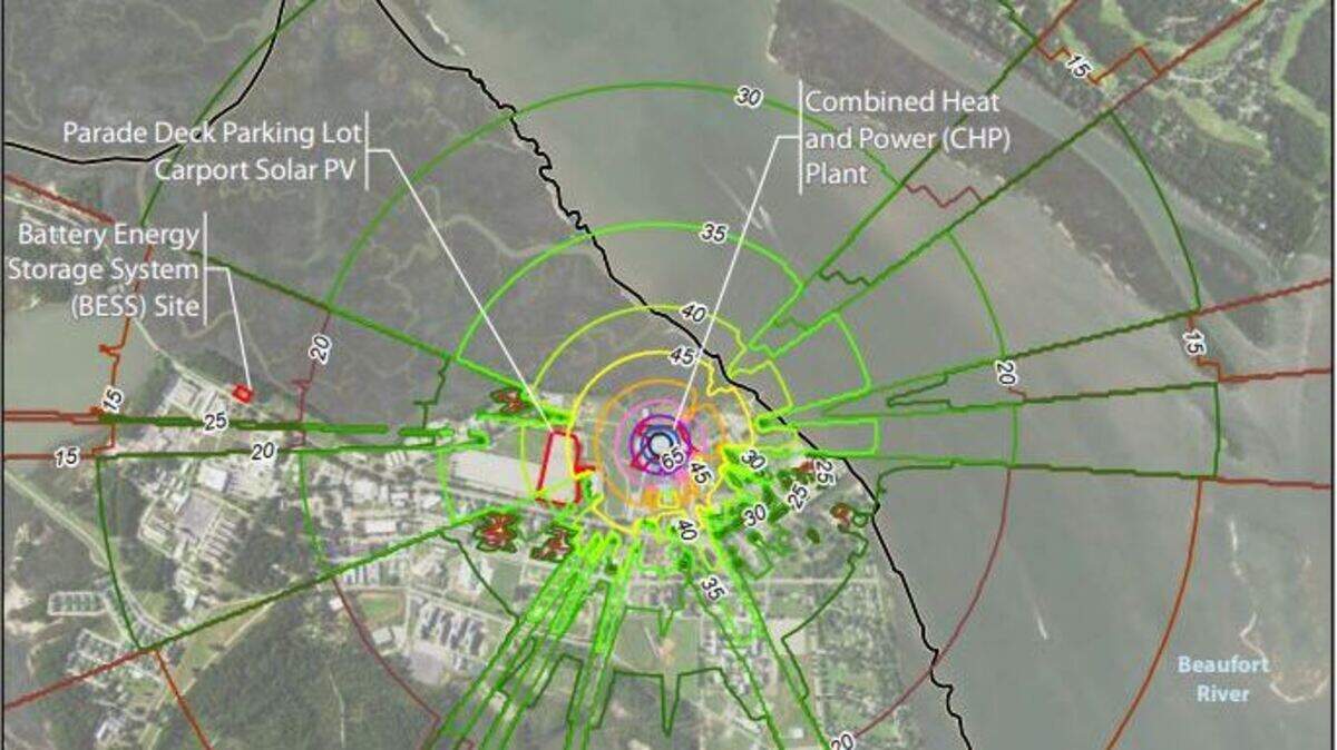 A graphic from a 2016 Marine Corps environmental assessment shows projected noise levels associated with a new power plant and energy facility on Parris Island, South Carolina.