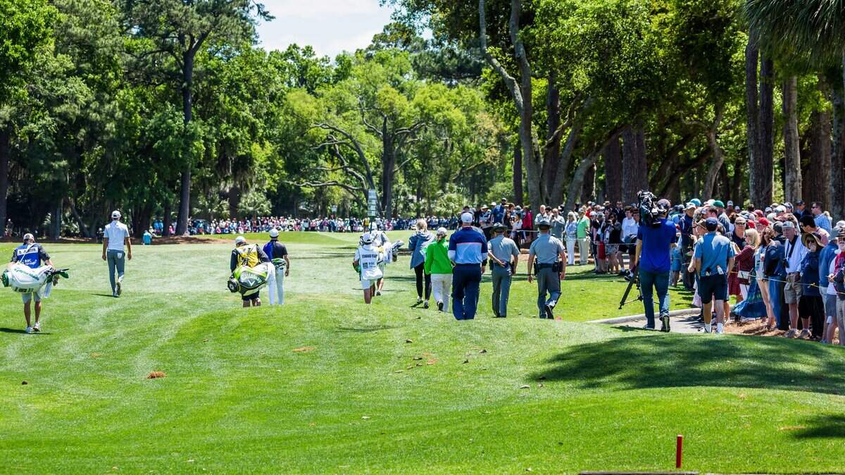The crowd for South Carolina native Dustin Johnson and group engulfed the 1st hole on Saturday afternoon during the third round of the RBC Heritage Presented by Boeing at Harbour Town Golf Links at Sea Pines on Hilton Head Island.