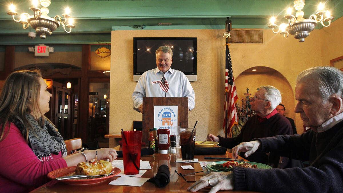 South Carolina Treasurer Curtis Loftis, center, speaks during The Hilton Head Island First Monday Republican Lunch Group at Aunt Chiladas Easy Street Cafe on Pope Avenue on Hilton Head Island on Jan. 6, 2014.