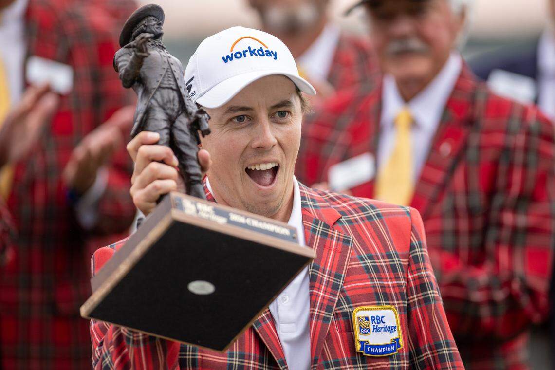 2026 RBC Heritage champion Matt Fitzpatrick of England enjoys his moment during the final round of the RBC Heritage Presented by Boeing at Harbour Town Golf Links on Sunday, April 19, 2026, in Sea Pines on Hilton Head Island.