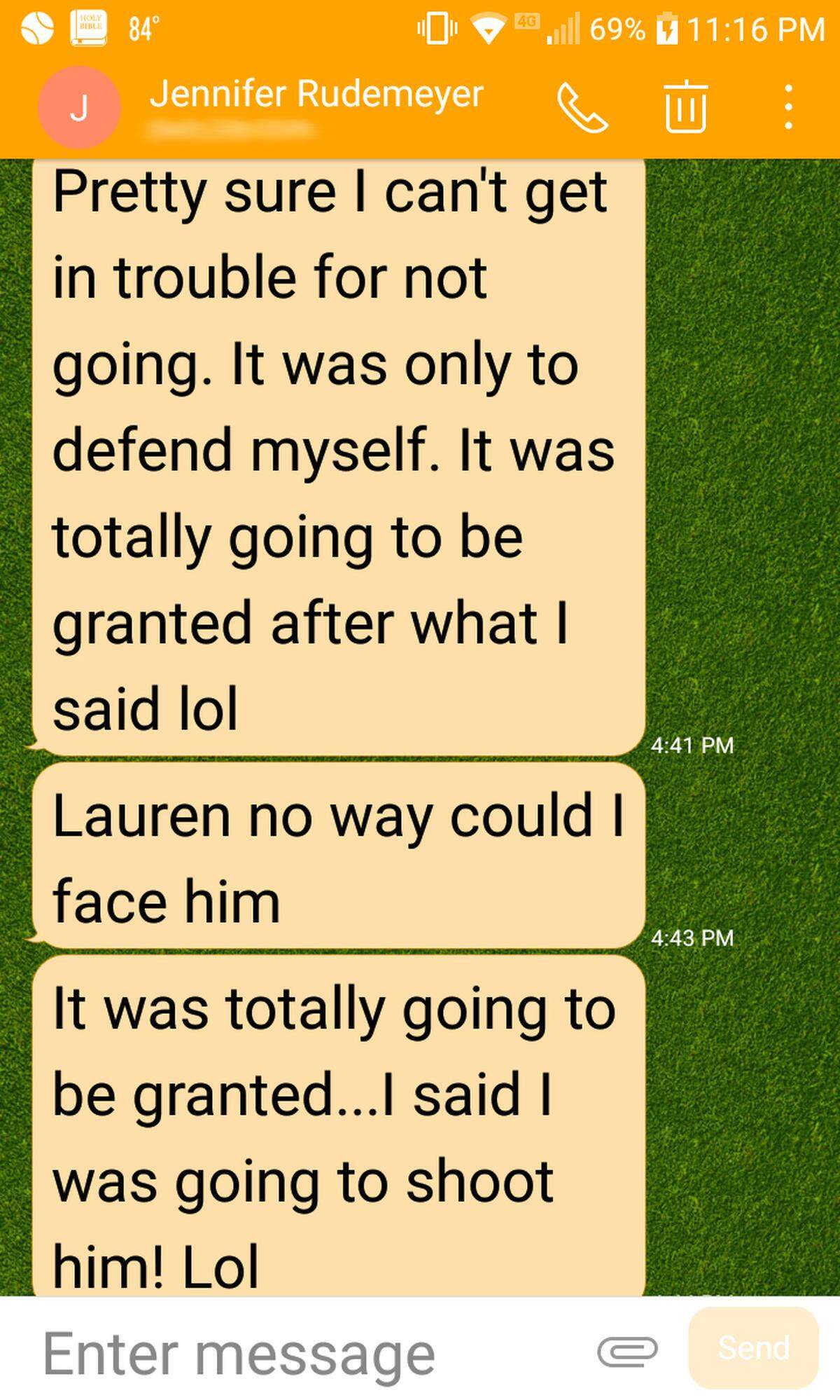 A screen shot taken by Lauren Church of her last conversation with Jennifer Rudemyer. Time stamps are in CST.