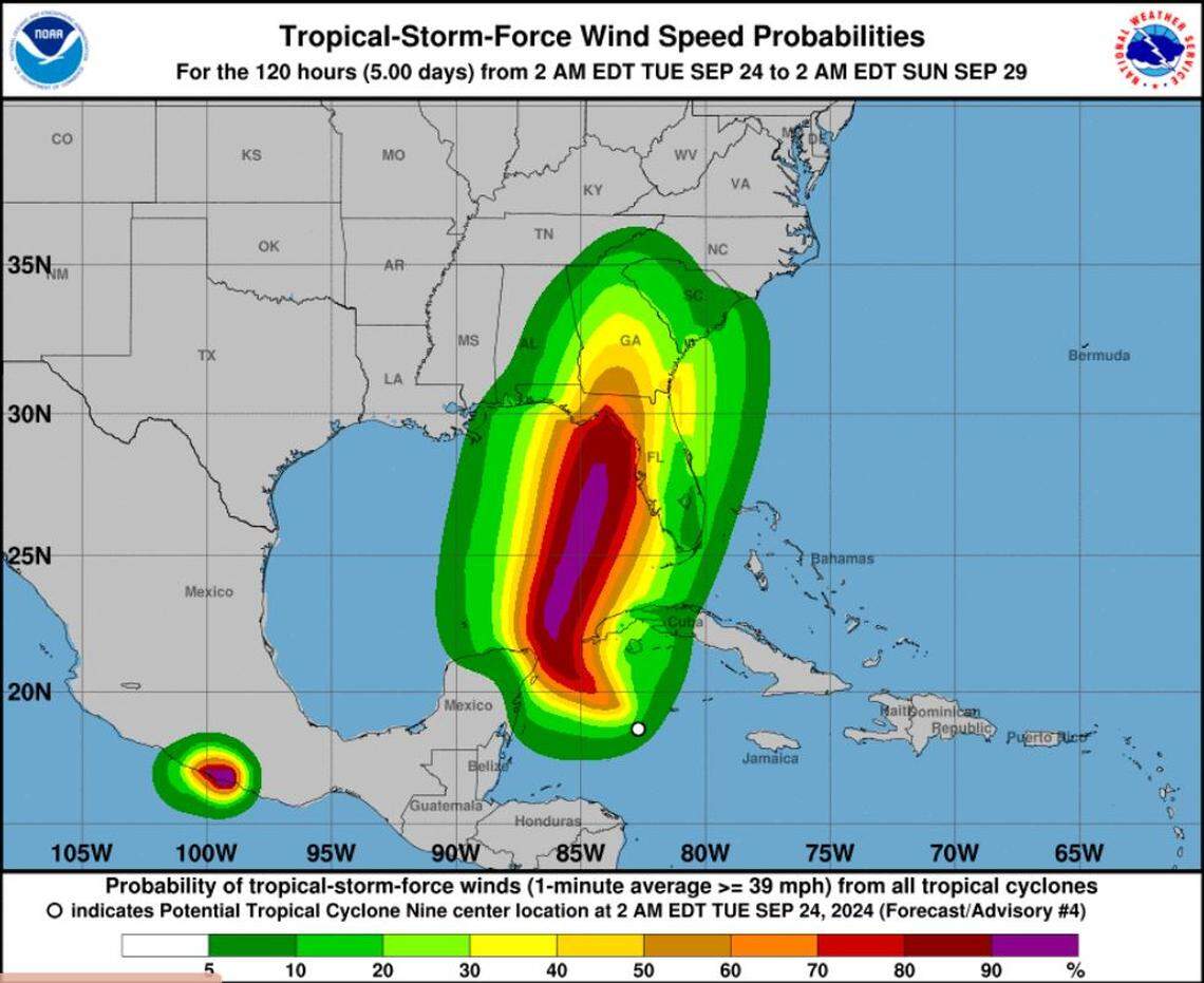 Tropical-storm-force wind speed probabilities from Potential Tropical Cyclone 9 on Tuesday morning, Sept. 24, 2024.