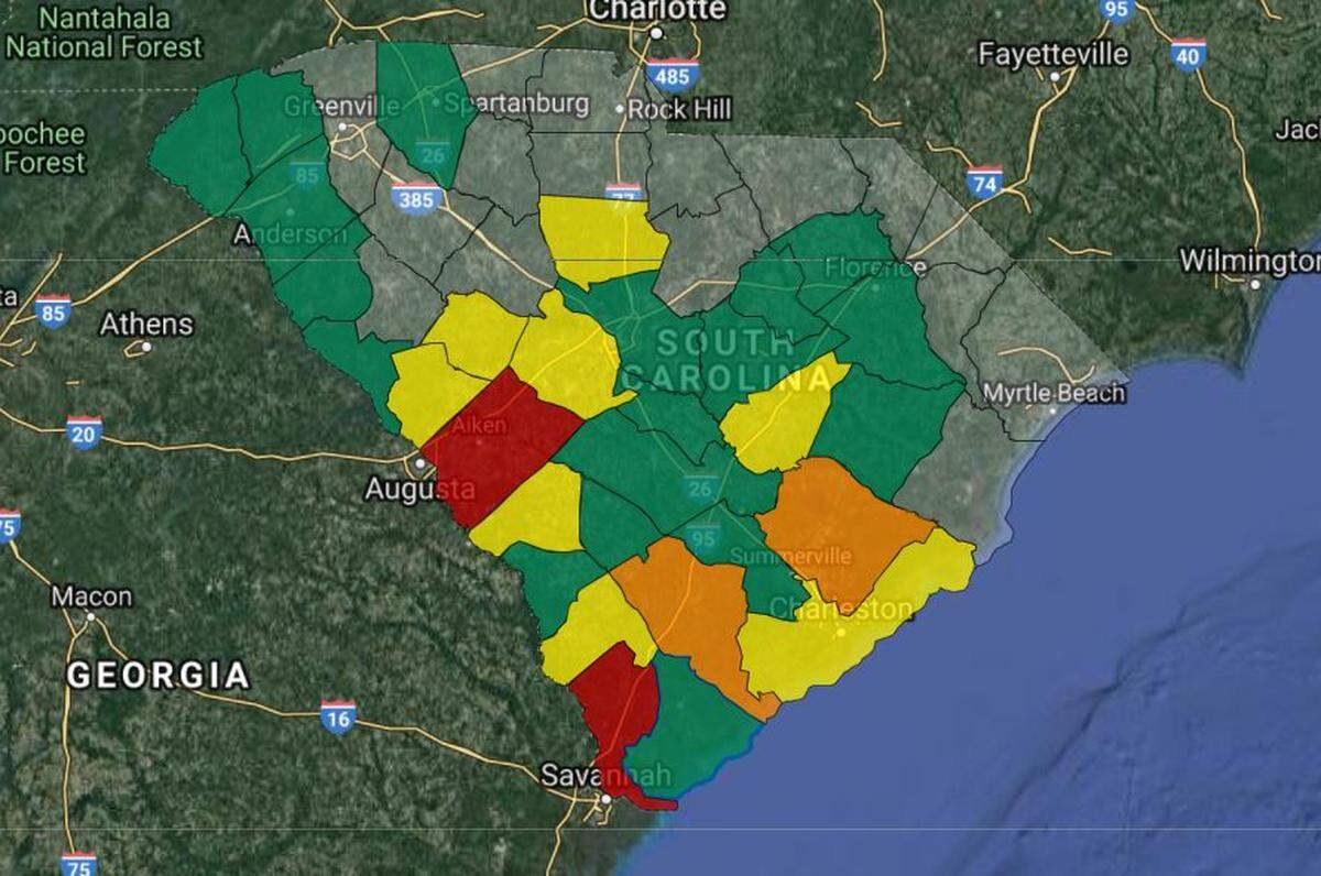 Electrical power outages map of South Carolina as of 5:25 a.m. Thursday.