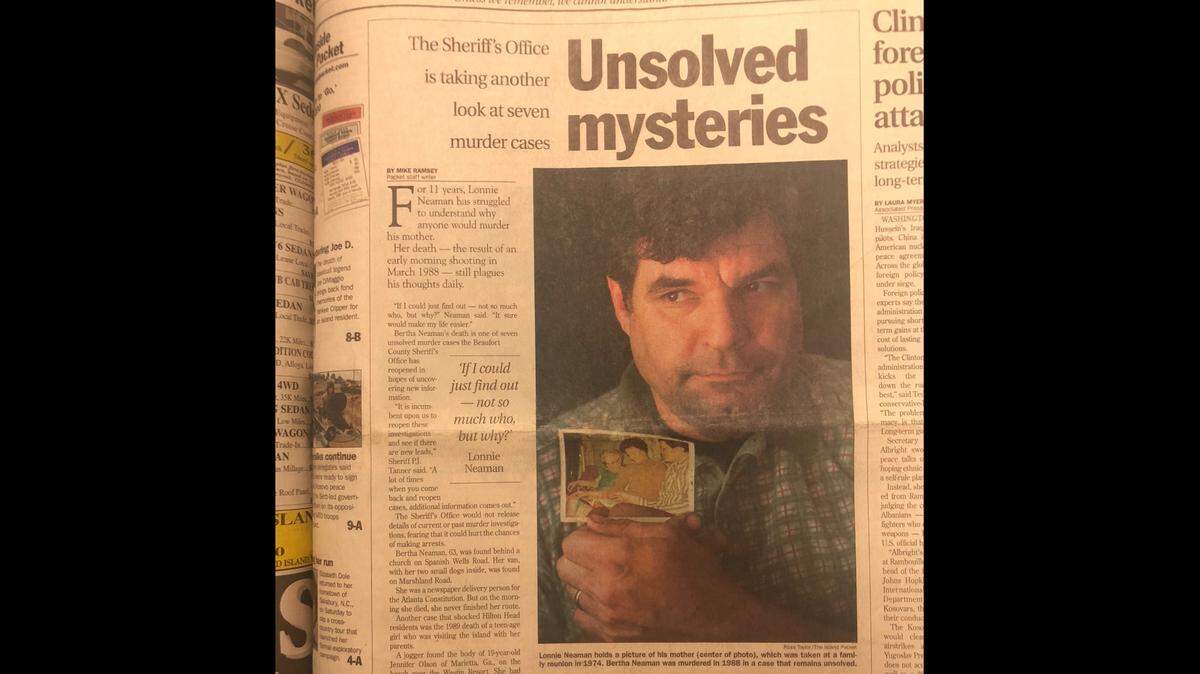 Lonnie Neaman holding a photo of his mother, Bertha Neaman, who was the victim of a 1988 homicide that was previously unsolved. It’s from a news clipping from the March 14, 1999, edition of The Island Packet newspaper.