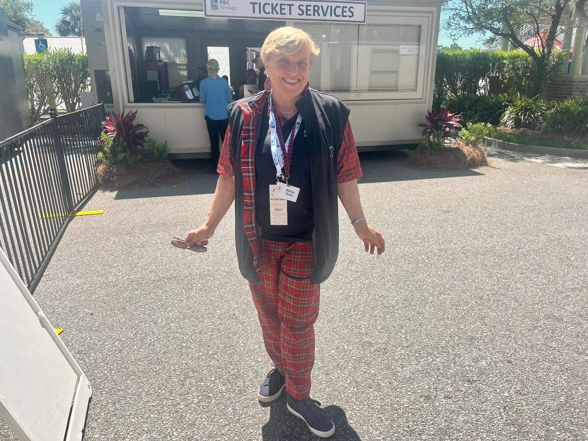 Helen Ryan in her full tartan plaid suit