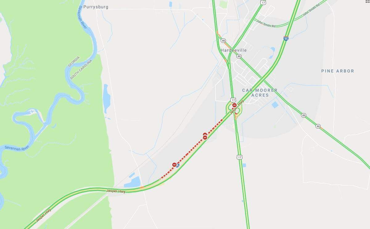 Traffic on I-95 southbound Tuesday morning after a semi truck went off an overpass near the state line, according to a news release from the City of Hardeeville