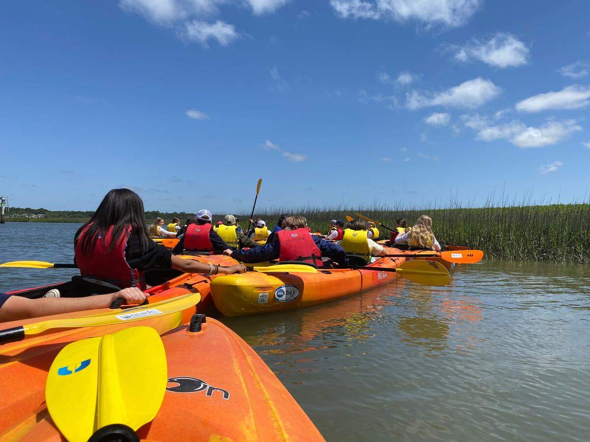 Hilton Head Christian Academy seventh graders kayaking out on Broad Creek to learn about the environment around them and how to protect it Monday, May 9, 2022 on Hilton Head Island.