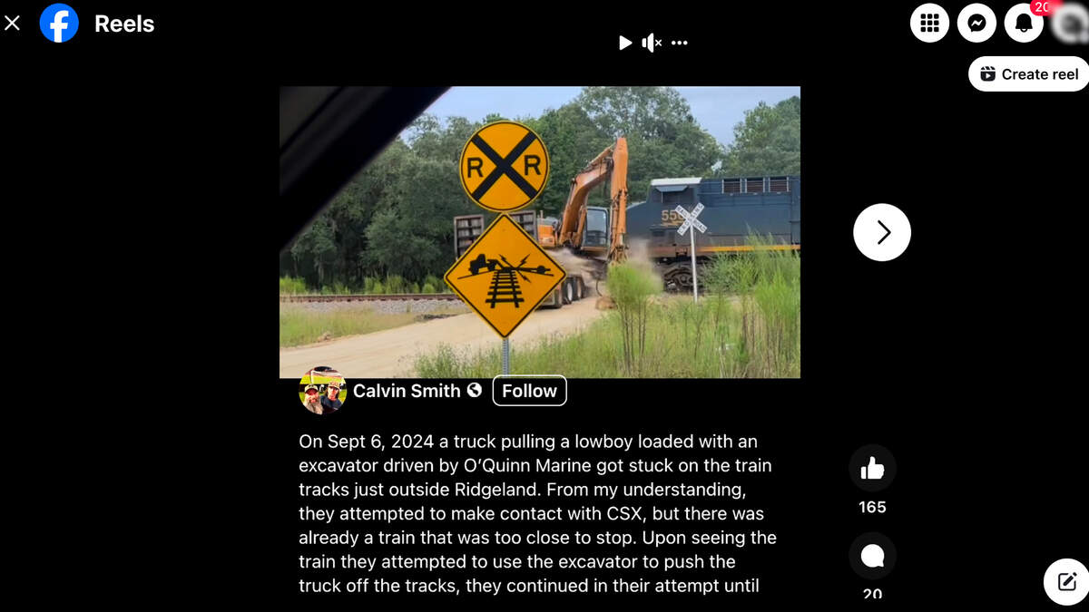 A screenshot of a Facebook Reel shows a freight train colliding with an 18-wheeler that was stuck on the tracks south of Ridgeland on Friday morning. Two employees on the train were hospitalized for minor injuries, according to CSX.