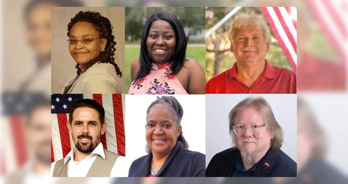 Running for two Yemassee County Council seats are at top, clockwise: Trena Ellis, Natasha N. Green, Robert “Bobby” Moore, Darrell Russell, Stacy Pinckney and David Paul Murray.