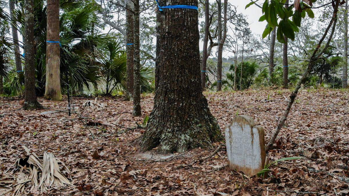 A headstone for Irishman Archibald Strain dated June 16, 1809, sits among surveyed land historically known as Cedar Point Cemetery for a residential home as seen on March 23, 2022 near the gates of Callawassie Island, South Carolina. A July 17 stop work order has halted construction until the land is searched for other graves that may be unmarked.