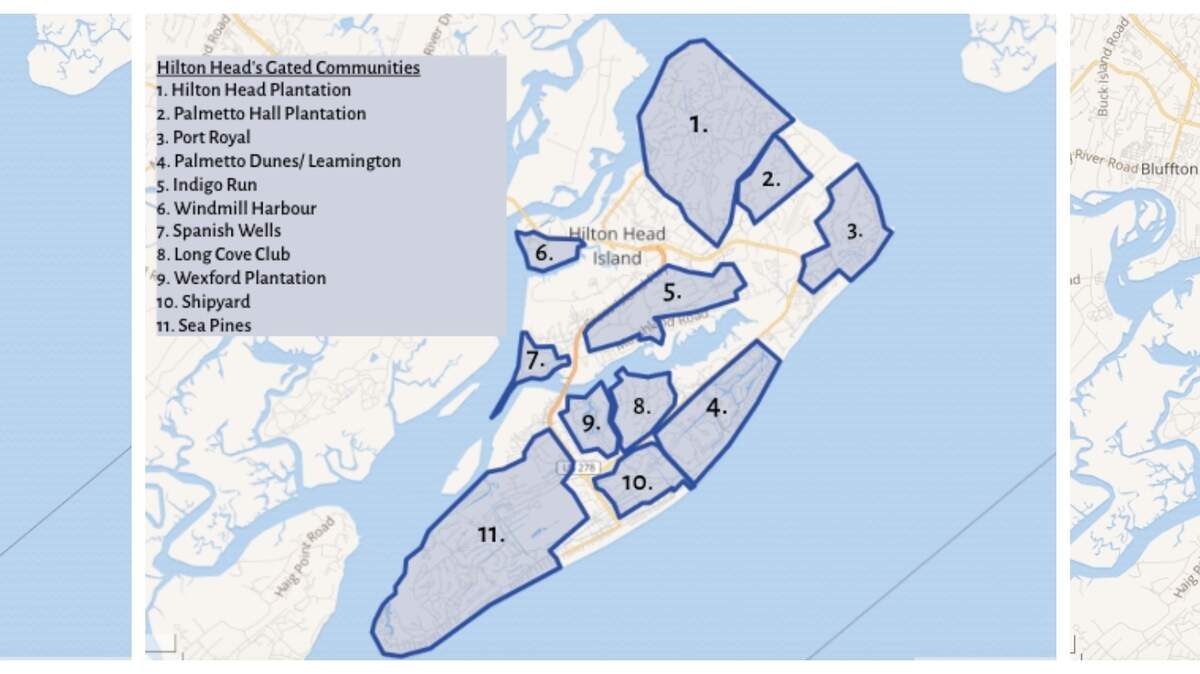 In 1861, nearly all of Hilton Head Island was covered by plantations worked by slaves, according to maps from The Heritage Library and Beaufort County historians. Today, all gated communities sit on pieces of land that once operated as plantations, although few still publicly use the name. A petition to remove the word “plantation” from community signage has garnered over 4,500 signatures.