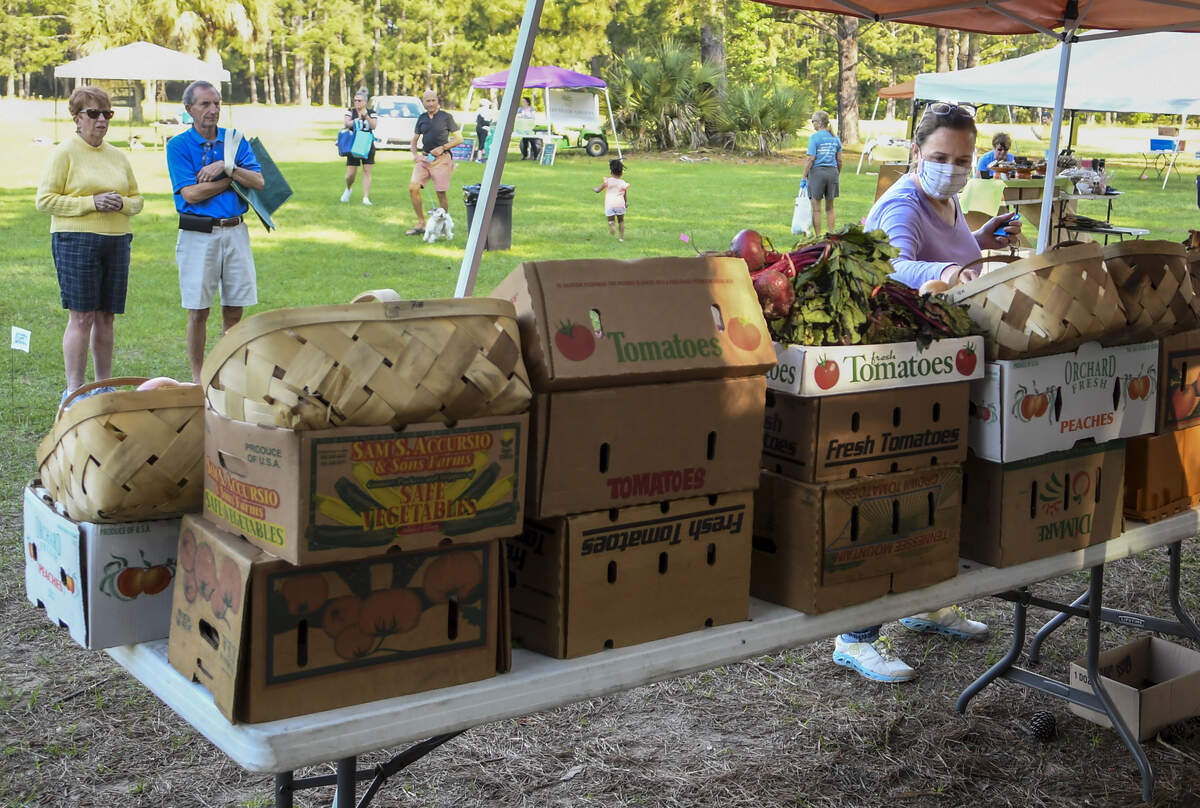 Stacey Collins, right, tackles the stand at Carolina Seafood at the Hilton Head Island farmers market at Honey Horn on Tuesday, April 7, 2020, with a game plan. Because social distancing rules allowed only one person at the stand, Collins was quick to grab, among other things, shrimp, green beans and peppers as the waiting line continued to grow. Asked why she didn’t go to the grocery store, she replied, “Why not do it in this desirable environment?” And, Collins said, “it’s a beautiful day.”