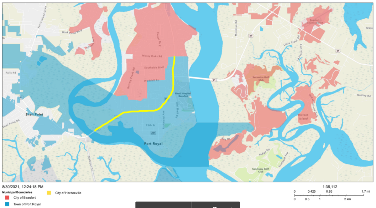 The yellow marks the stretch of Ribaut Road that will be the focus of the Port Royal Redevelopment Commission, if changes to its makeup are approved.