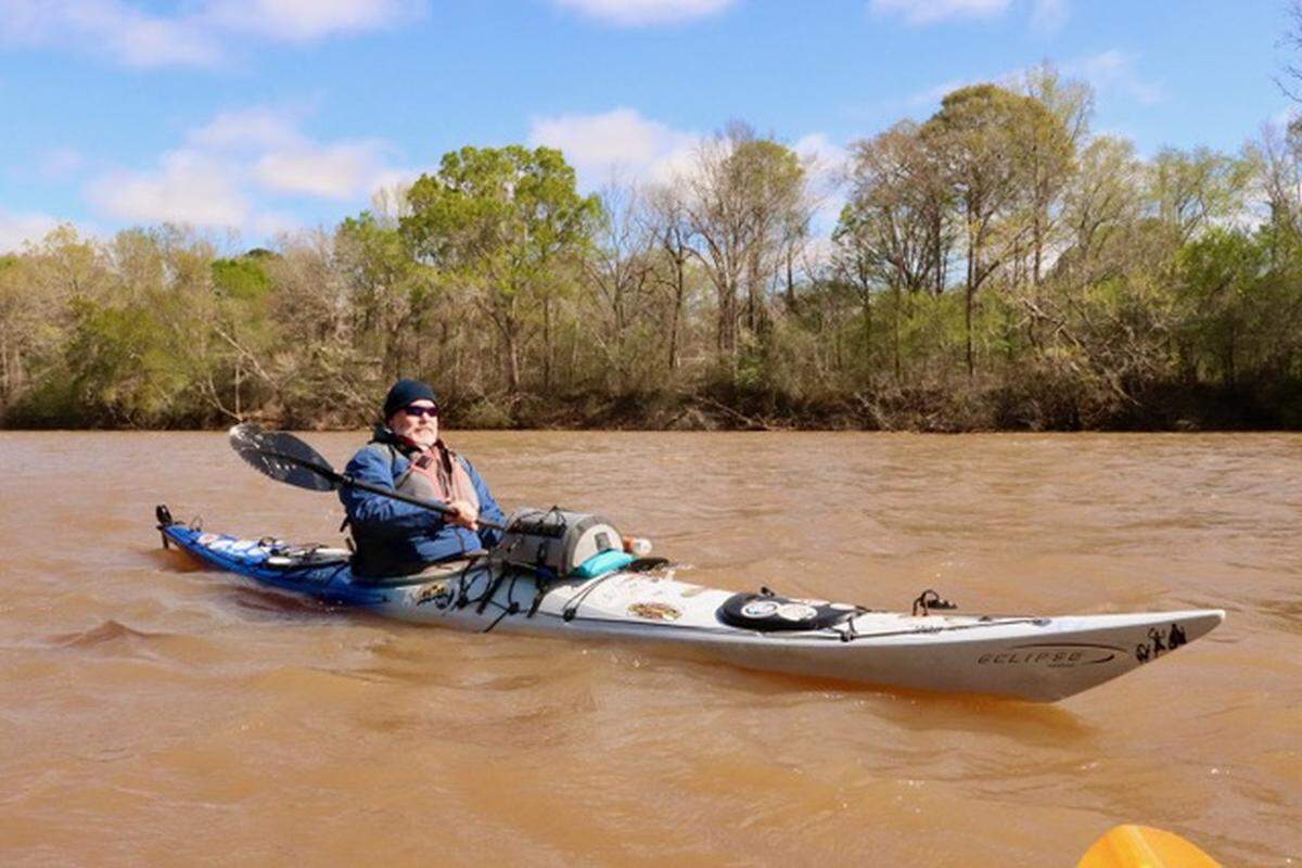 Kayaker Tim Brown of Savannah focuses on the day ahead as he paddles on the Oconee and Altamaha Rivers in Georgia.