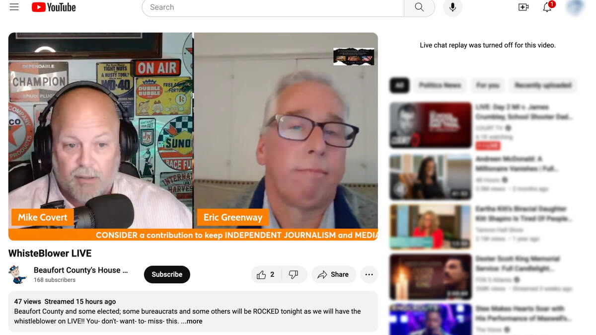 A screen grab of former Beaufort County Administrator Eric Greenway, right, live streaming with former Beaufort County Council person Mike Covert, left, on March 7, 2024 on Covert’s YouTube channel.