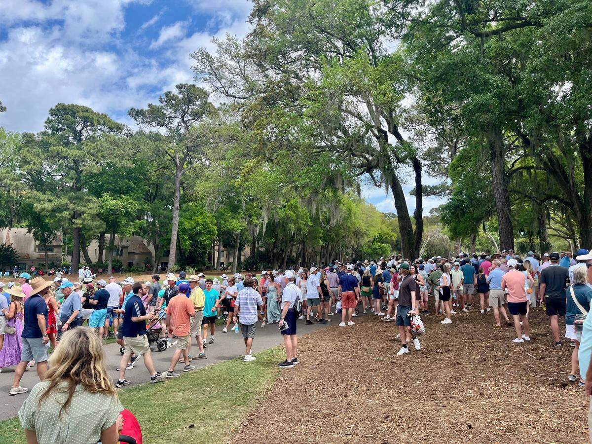 Spectators stretched between the 1st and 2nd holes to watch Justin Thomas play on Friday, April 18, 2025