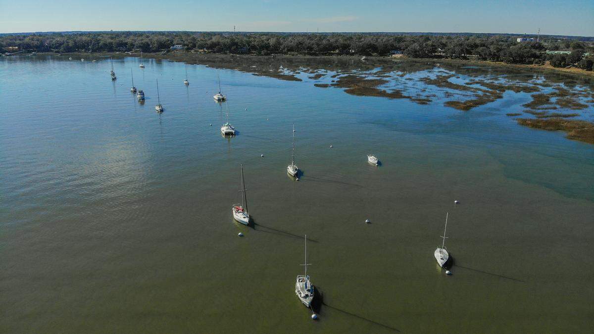 Boats moored in the Beaufort River in the existing mooring field of Beaufort Marina as managed by Safe Harbor photographed on Feb. 14, 2024, with the bluff of Ribaut Road and Bay Street lining the top edge of the photo.