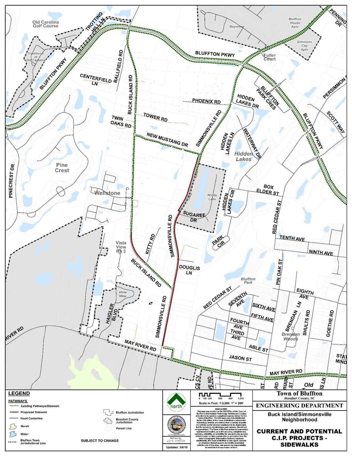 The town of Bluffton is in the final stages of building connected sidewalks and public sewer along Buck Island and Simmonsville roads, town manager Marc Orlando said Wednesday.&nbsp;