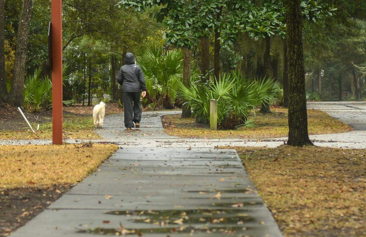 A lull in the rain allows a person in full rain gear to walk a dog on Jan. 9, 2024 in the Stock Farm neighborhood in Bluffton before severe thunderstorms arrive in the Lowcountry.