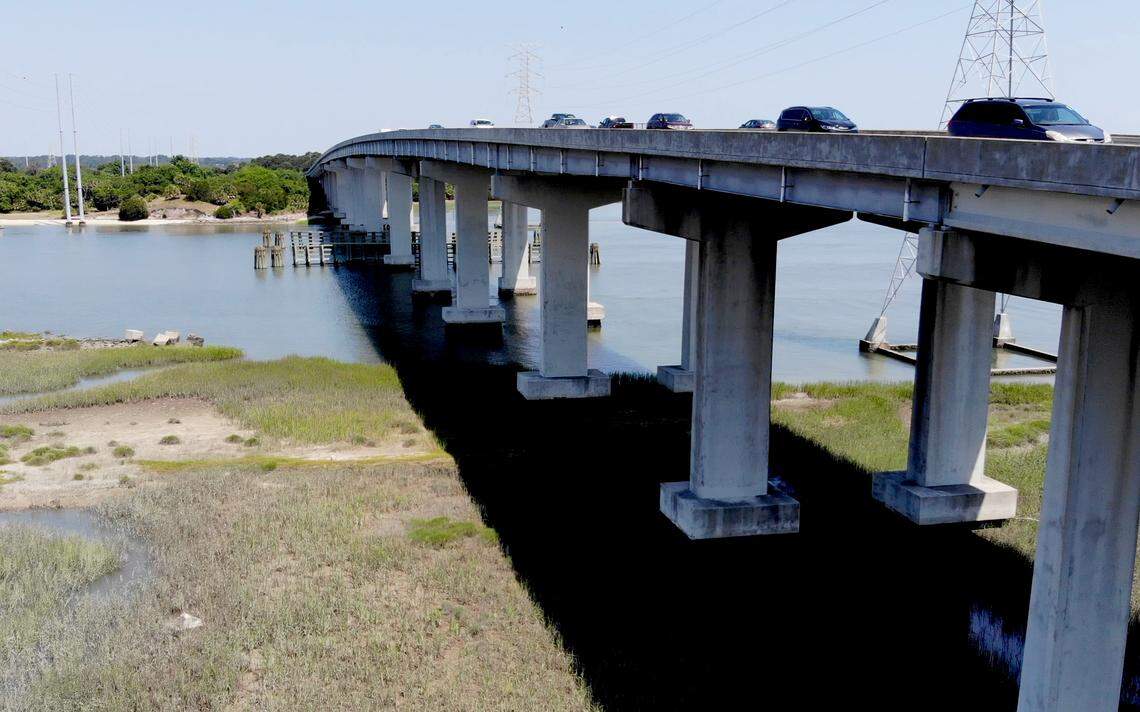 Traffic moves onto Jenkins and Hilton Head Islands over the J. Wilton Graves Bridge in this photo taken from a drone in 2019.