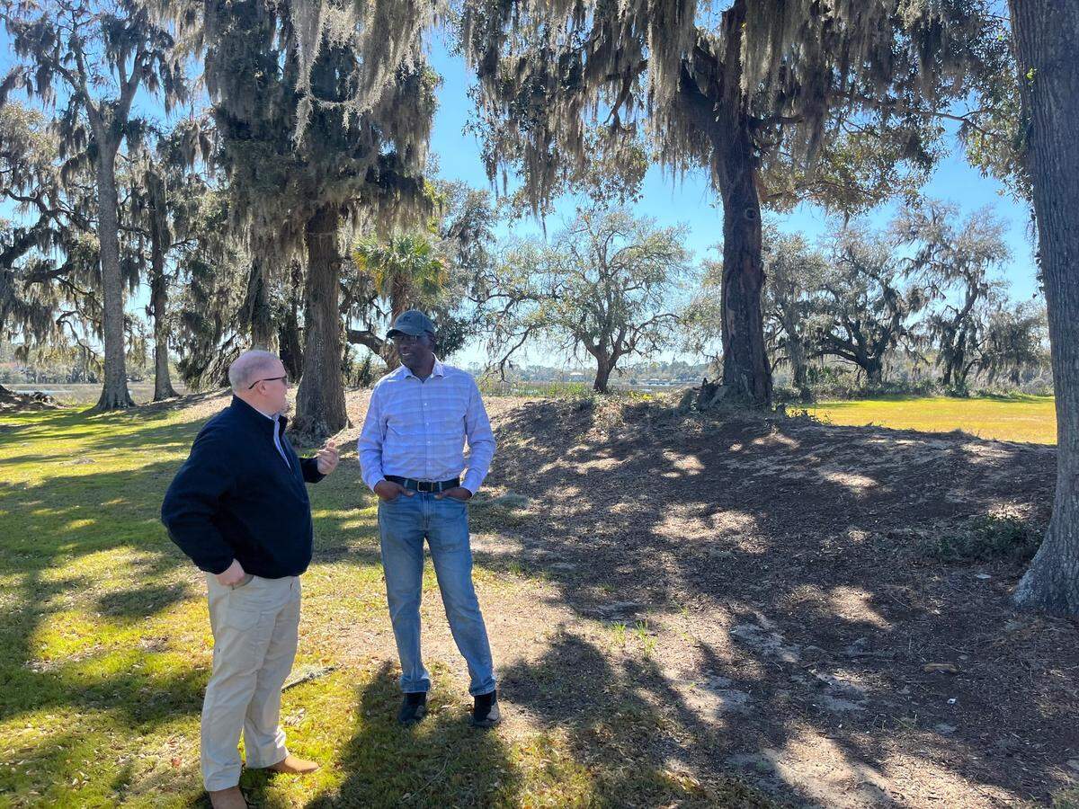 Beaufort City Manager Scott Marshall and City Councilman Mitch Mitchell visit six acres between Battery Creek and Boundary Street last week. This land will become a park that honors and tells the story of the First South Carolina Volunteers of African Descent, the Union’s First Black regiment, which formed in the Beaufort and Port Royal area. “So much of the African American story -- of us fighting for our own freedom -- was never taught,” says Mitchell.