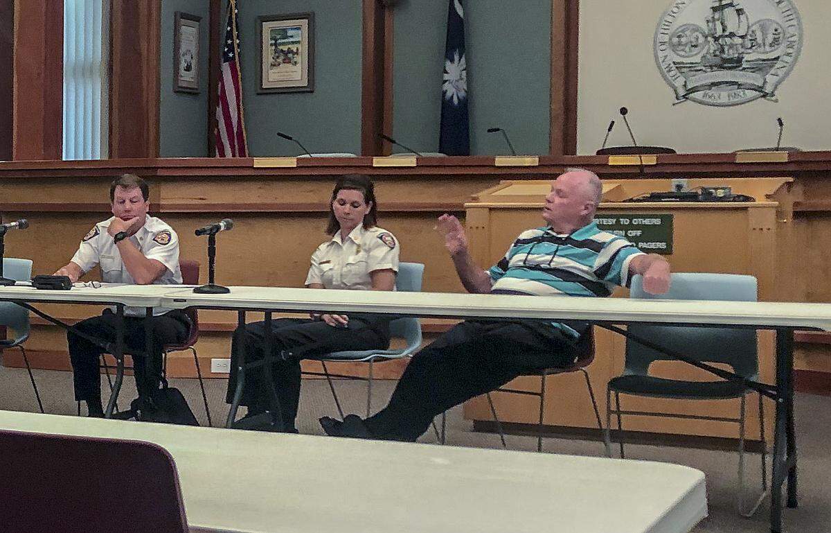 Hilton Head town staff attorney Brian Hulbert, far right, corrects himself on June 3, 2019 while talking to the Gullah-Geechee Land and Cultural Preservation Taskforce about fire hydrant location restrictions moments after he addressed the group as “you people.”