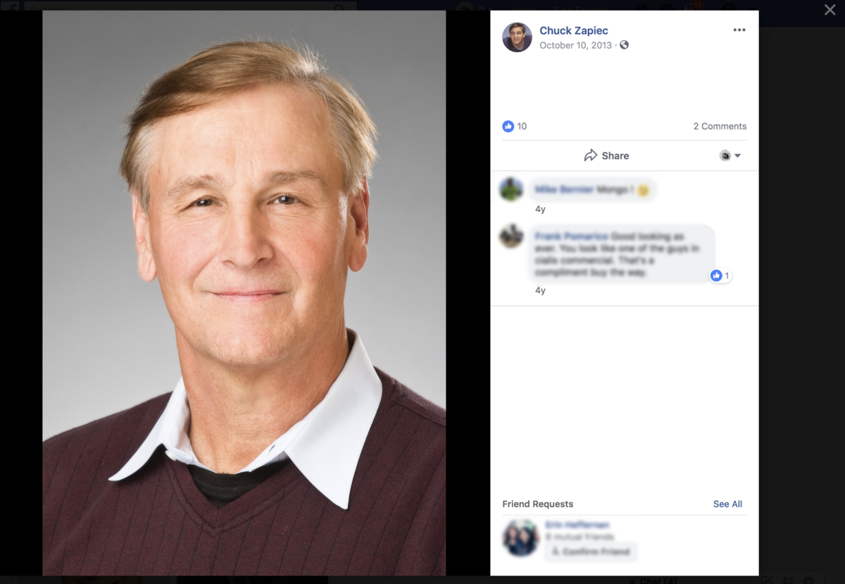In this screen capture, Chuck Zapiec’s Facebook page features a photo of Zapiec, posted in 2013.
