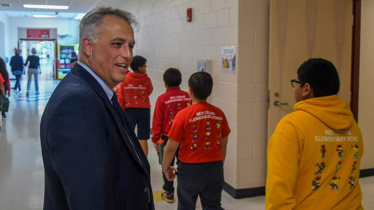 Frank Rodriguez, Beaufort County School District’s superintendent, greets students at Red Cedar Elementary on Friday, Oct. 13, 2023 after a sit down interview with The Island Packet and Beaufort Gazette.