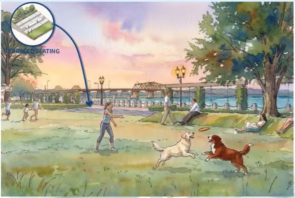 A rendering of Option 2 shows stairs and a berm that transitions the park to the new raised platform below the promenade. Some concerns were raised about maintaining a berm in the park. Officials said a berm may not be constructed. It is just an example of the type of transition features that will be necessary if the platform is raised.