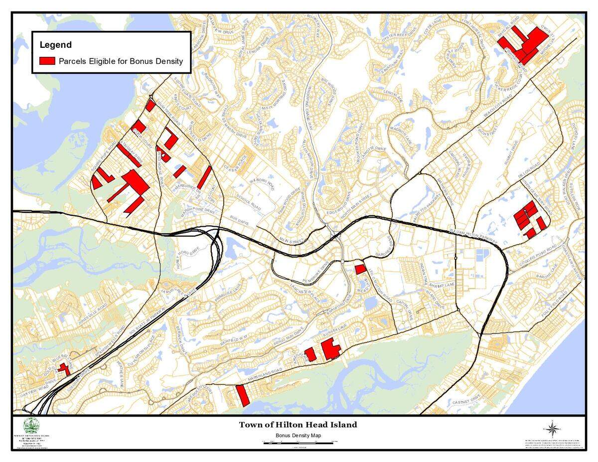 The areas in red indicate parcels eligible for Hilton Head Island’s bonus density incentive, which was approved by the planning commission Jan. 6, 2021.