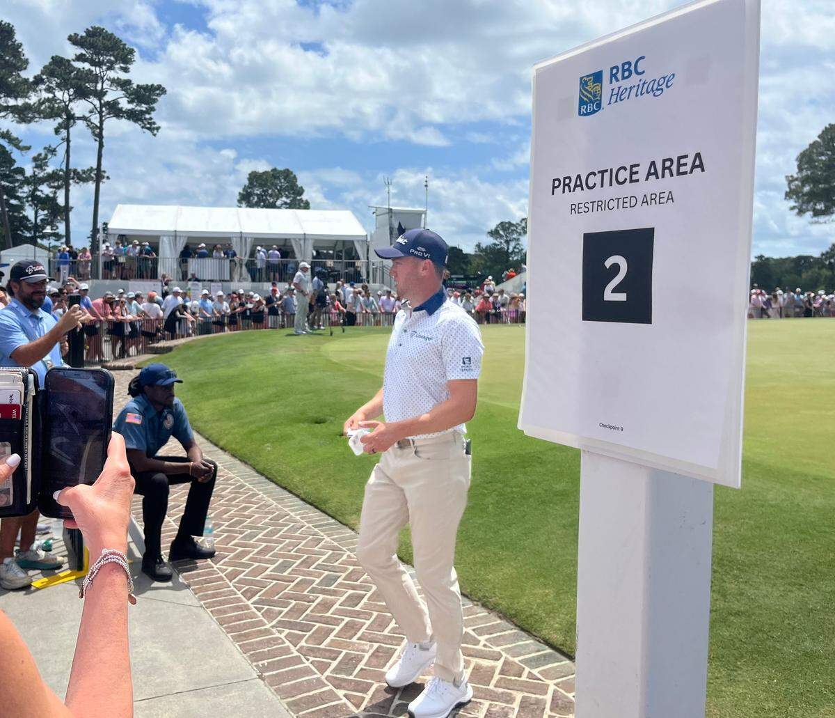 Justin Thomas exiting the practice area on Friday, April 18, 2025