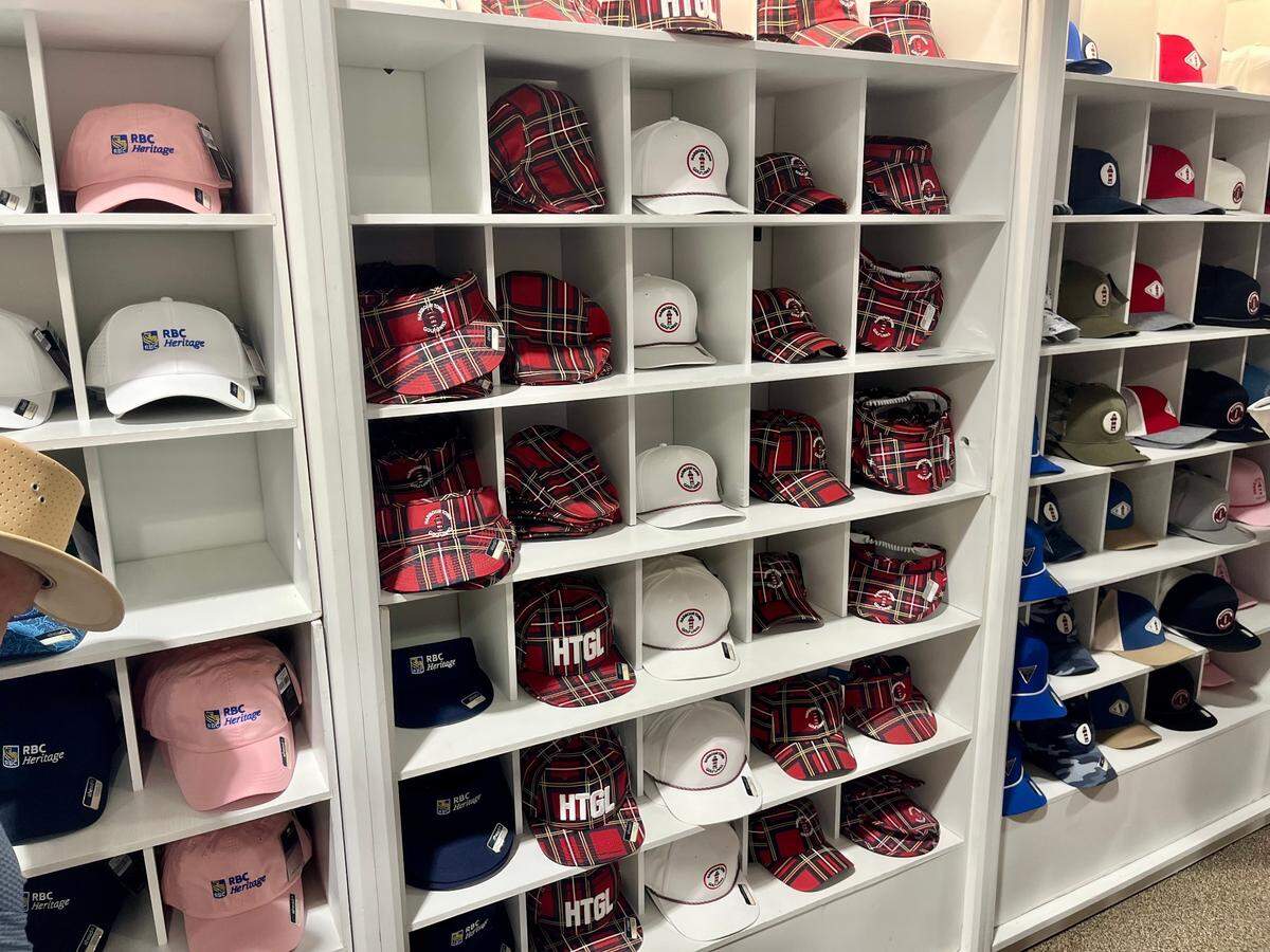 Harbour Town and tartan plaid hats for purchase inside of the RBC Heritage Golf Shop, Friday, April 18 2025