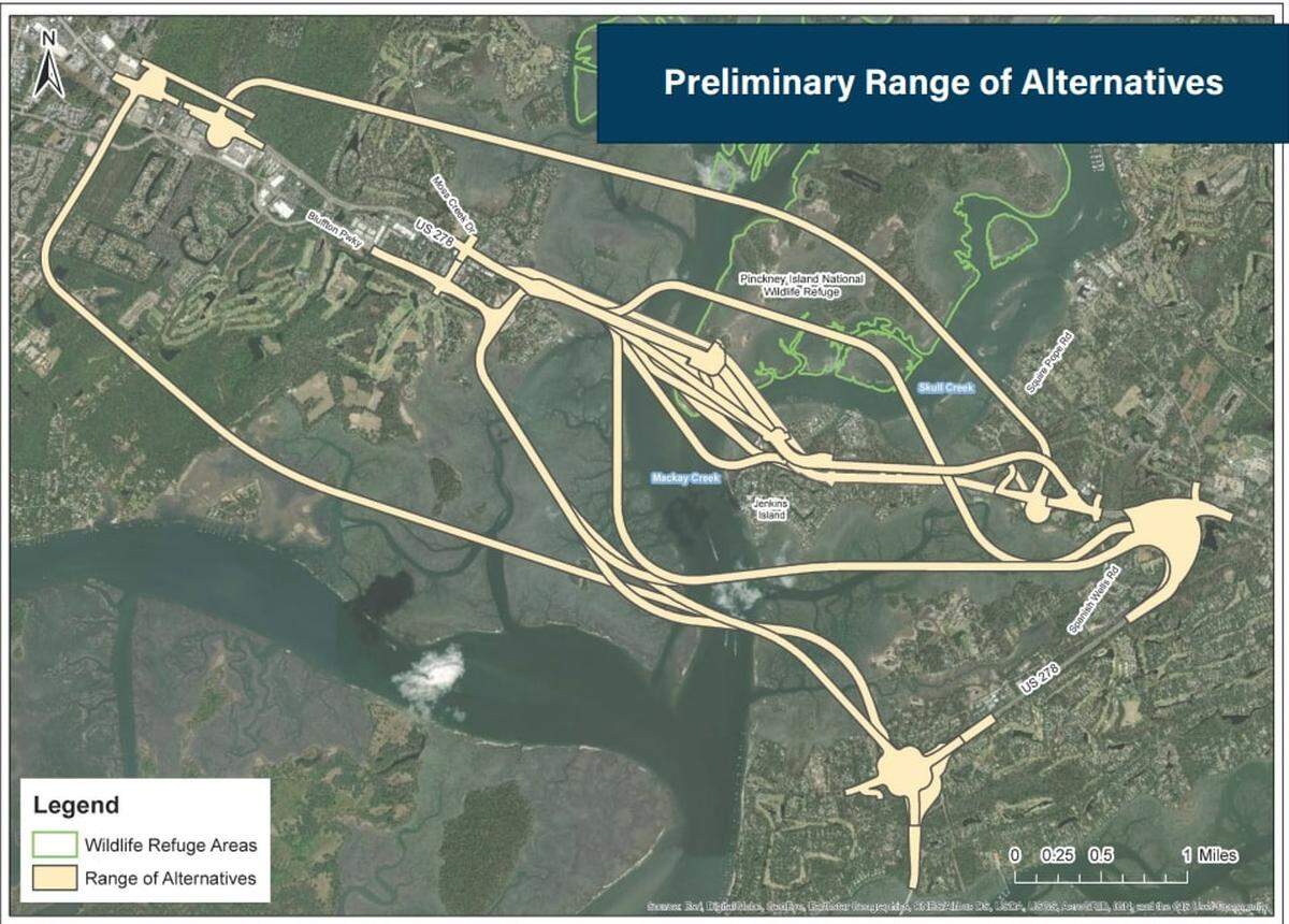 A spaghetti model of the range of alternatives for the U.S. 278 corridor from the S.C. Department of Transportation.
