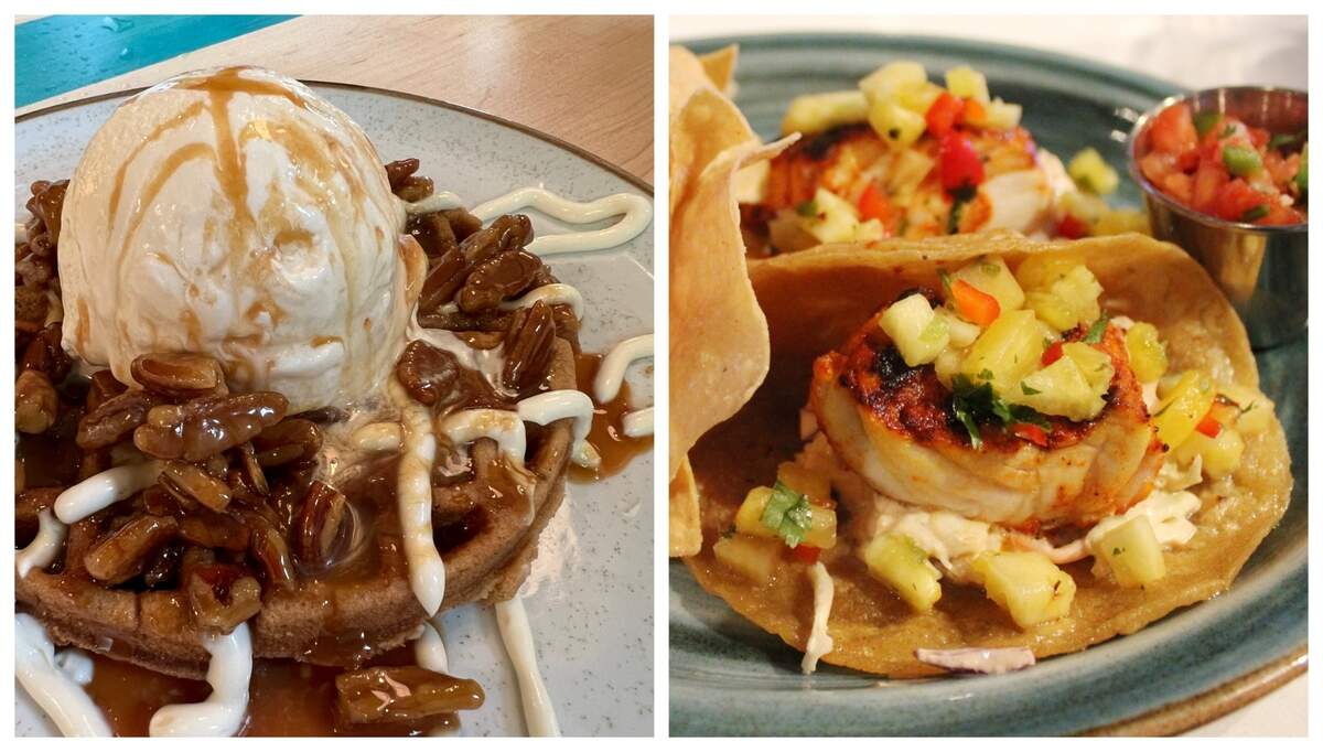 Right, fish tacos from Lucky Beach Bar and Kitchen on Hilton Head. Left, a carrot cake waffle is served with ice cream and pecans.