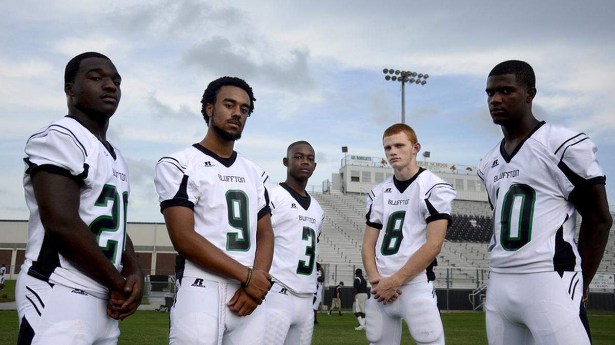 (Left to right) Bluffton High School football players Tykeem Major, C.J. Frazier, Gerald Roberson, Vinny Boni and Marquis Webber are shown last week at Bobcat Stadium. They will be key components of coach Ken Cribb's high-powered offense.