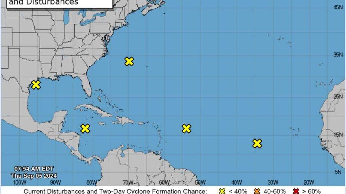 The National Hurricane Center identified five tropical disturbances in the Atlantic, marked by yellow X’s, on Thursday, Sept. 5, 2024.