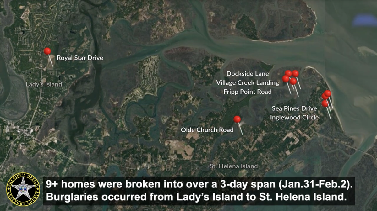 Deputies say a string of home break-ins between Jan. 31 and Feb. 2, occurred primarily on St. Helena Island, with one reported case on Lady’s Island.