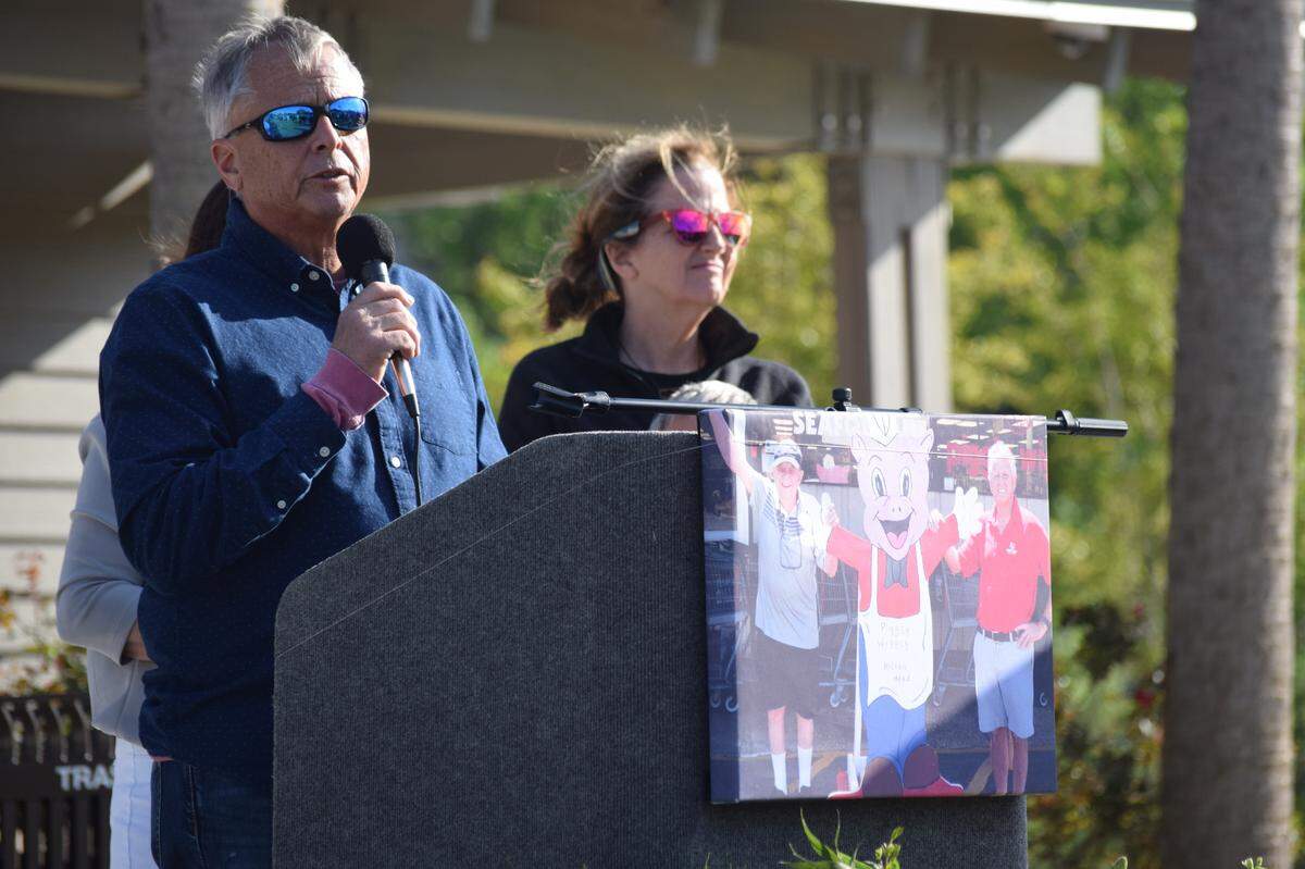 David Martin, the son of legendary Hilton Head Island grocer Gene Martin, speaks about his late father during a celebration of life on Friday, April 8, 2022 at Lowcountry Celebration Park on Hilton Head Island.