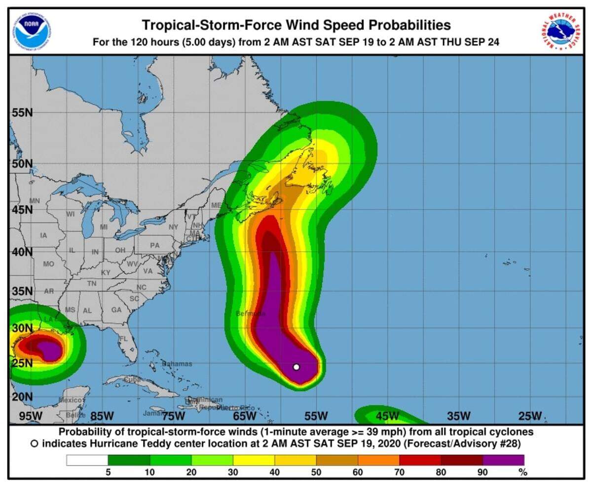 Hurricane Teddy’s projected path as of Saturday morning.