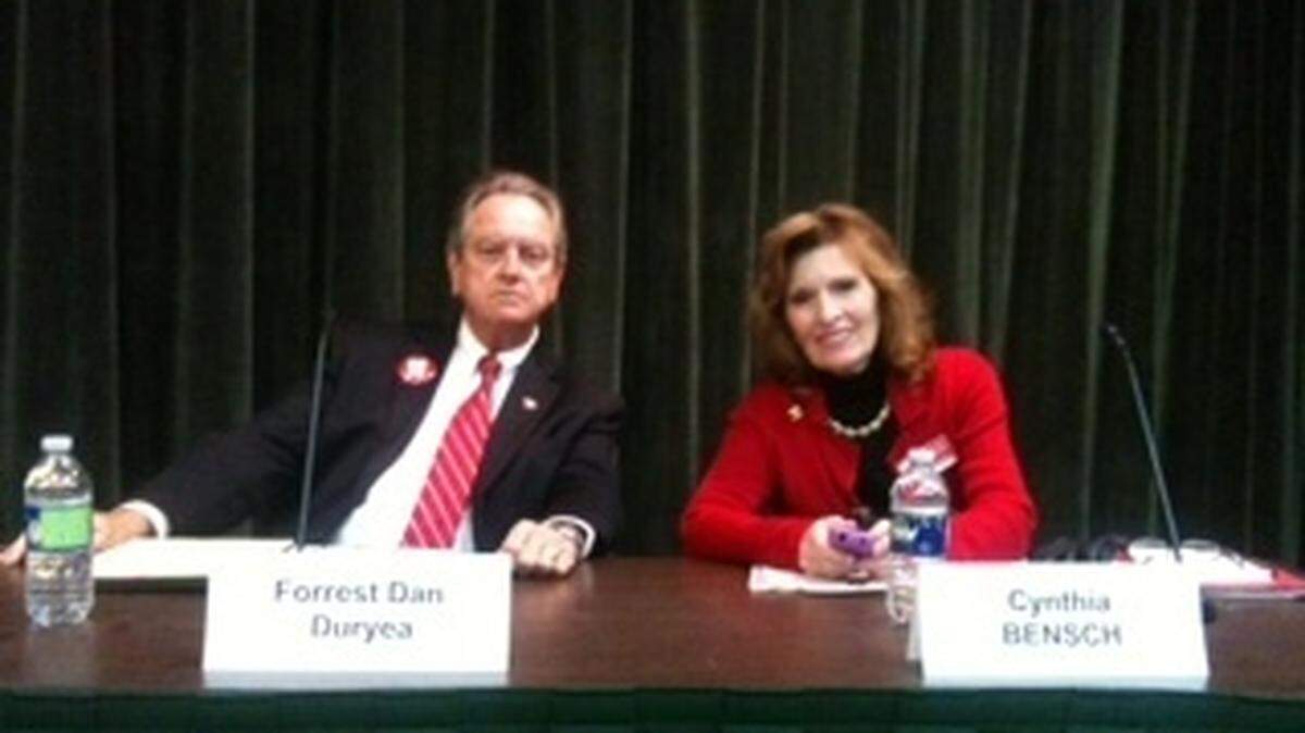In this file photo, District 7 Beaufort City Council candidates Dan Duryea and Cynthia Bensch square off at a Bluffton Town Hall forum.