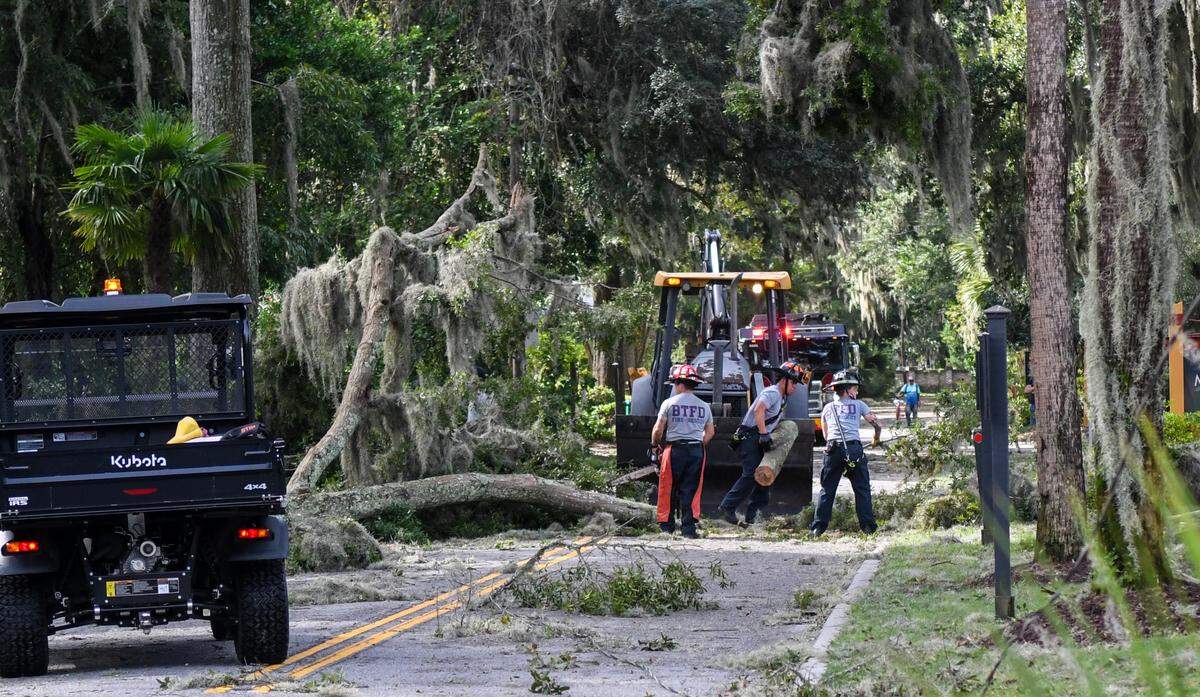Firefighters with the Bluffton Township Fire District work to remove a fallen tree on Boundary Street on Friday, Sept. 27, 2024 in Old Town Bluffton.