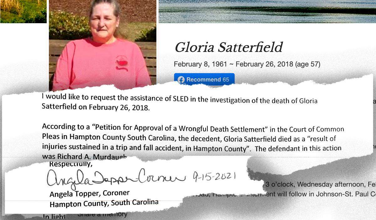 The obituary of Gloria Satterfield and a piece of the letter requesting the S.C. Law Enforcement Division investigate Satterfield’s death witten by Angela Topper, coroner for Hampton County.