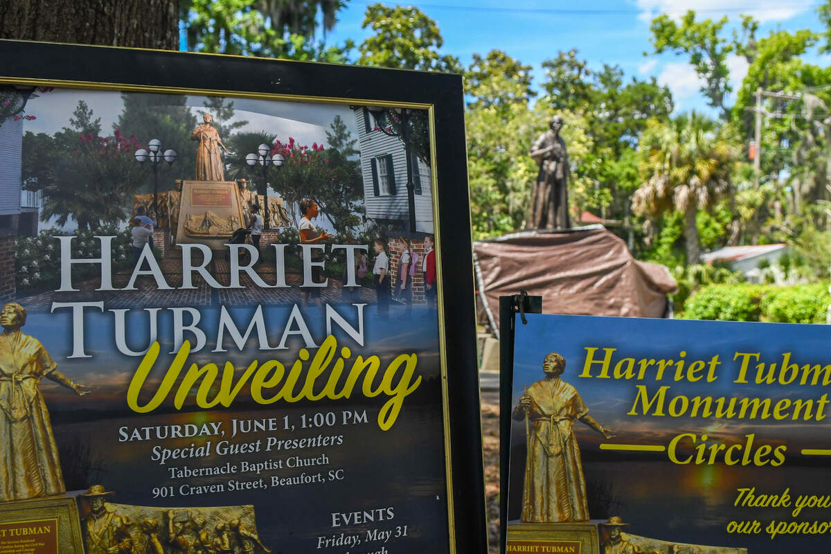With Harriet Tubman rising out of the covered monument in the background, posters along Craven Street announce the unveiling this Saturday at 1 p.m. at Tabernacle Baptist Church along with other weekend events in Historic Beaufort.