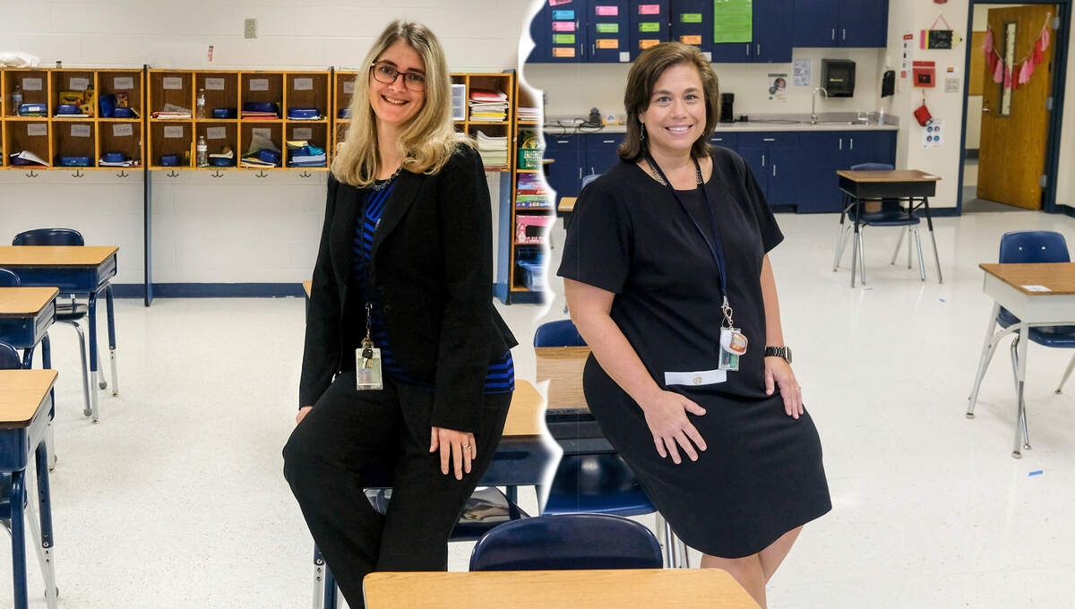 First year principals Nikki Lucas of Hilton Head Island School for the Creative Arts, left, and Vicki Goude of Port Royal Elementary School pose for photographs in student-less classrooms at their respective schools on Wednesday, Dec. 16, 2020. Both are excited to have their students safely back when fully in-person classes resume in January.