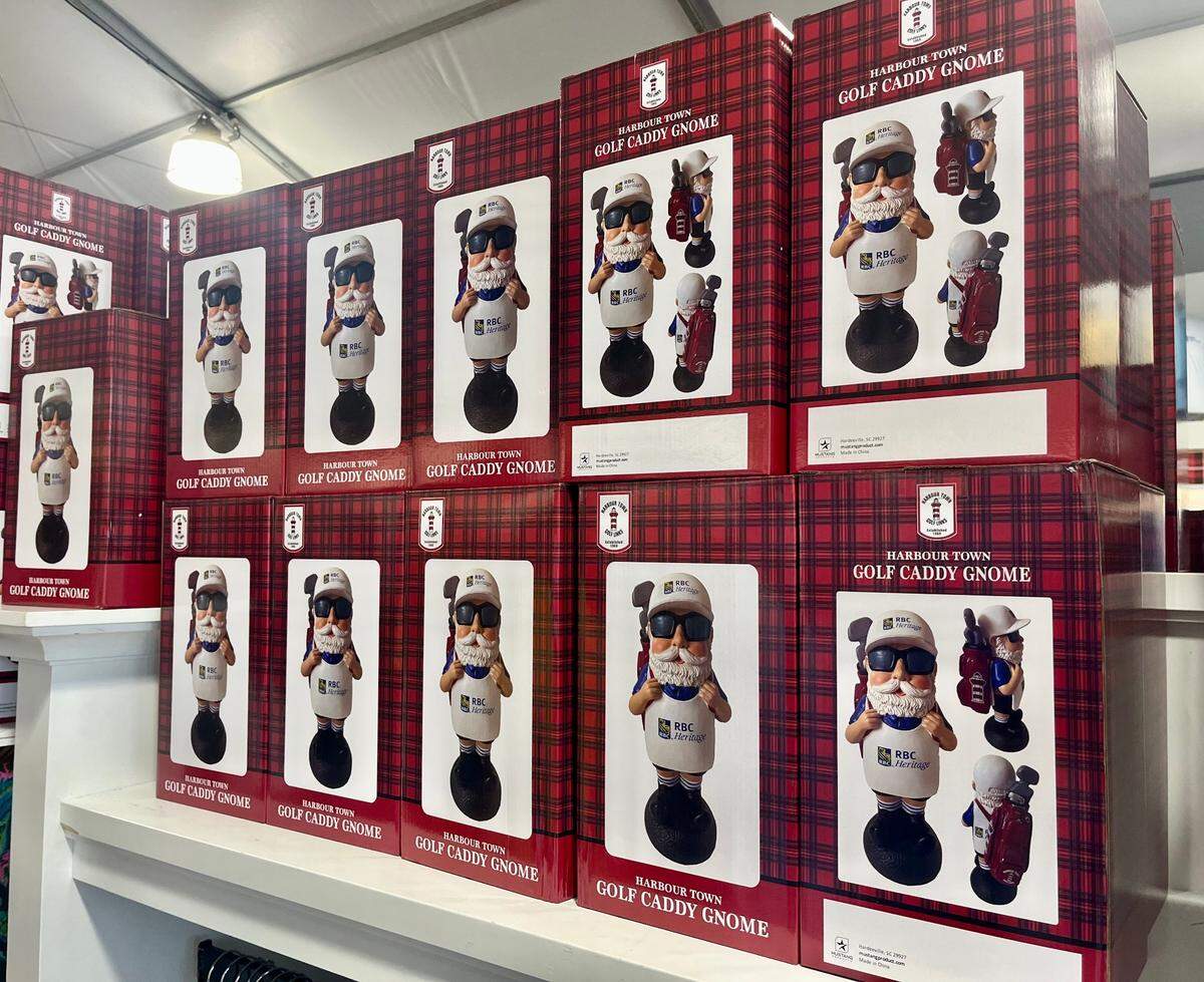 Golf caddy gnome for purchase inside the RBC Heritage Golf Shop on Friday, April 18, 2025