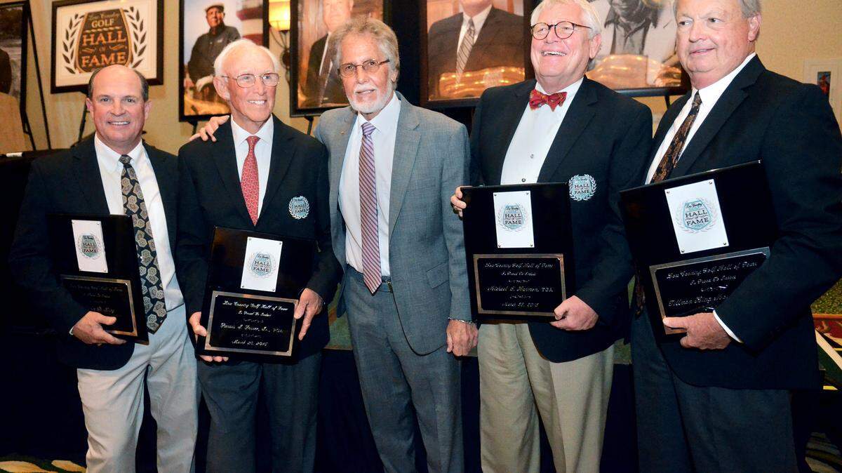 Low Country Golf Hall of Fame executive director Robert Collar, center, is photographed with inductees, from left, Kevin King, Jim Ferree, Mike Harmon and Tim Moss after the organization's Inaugural Induction Ceremony held on Saturday at the Hilton Head Marriott Resort & Spa. In addition, three people were inducted posthumously: Charles Fraser, Joseph Fraser and Charles Price.